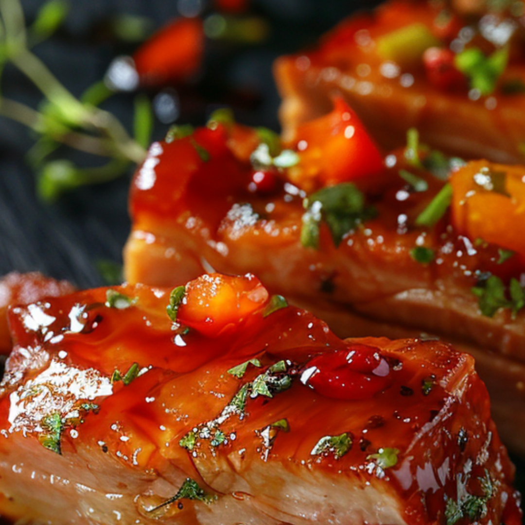Close-up of glazed salmon with garnishes